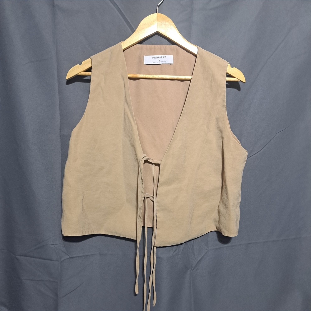 Primark Tie Front Sleeveless Vest LARGE Beige Boho-Chic Casual